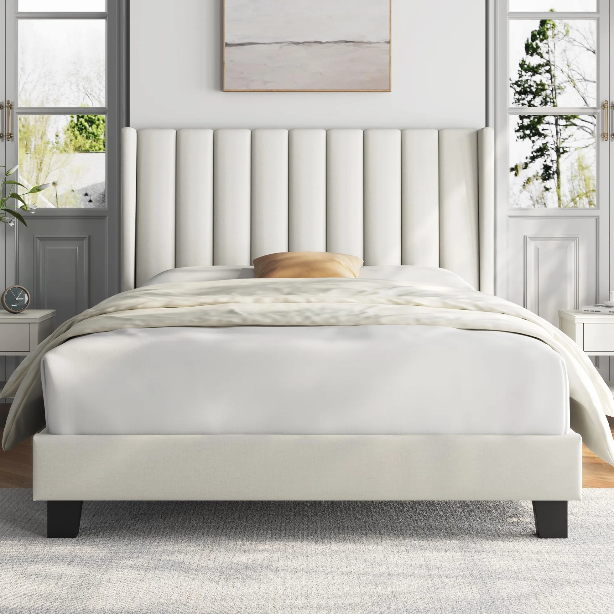 Yaheetech Cama Doble Tapizada 140 x 200cm con Somier de Lamas con Cabecero Rayado Moderno Estructura de Madera y Metal Marco de Cama para Adultos 2 Personas Beige