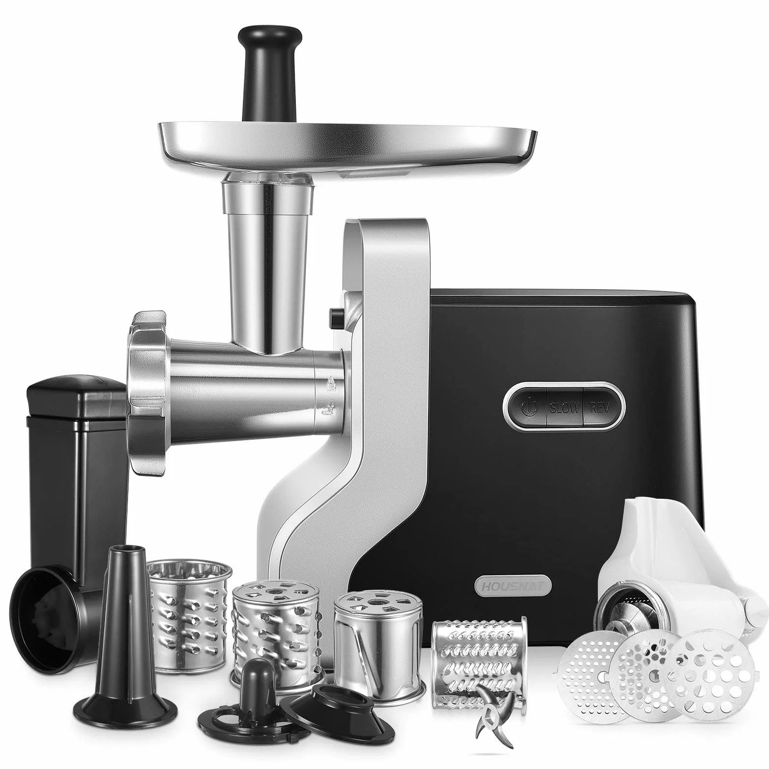 Eléctrica Picadora de Carne Profesional, HOUSNAT 5 en1 multifunción Máquina Picadora Carne con 3 Placas de Molienda de Acero Inoxidable, 2300W Max Motor de Cobre, Función Inversa, Rápido