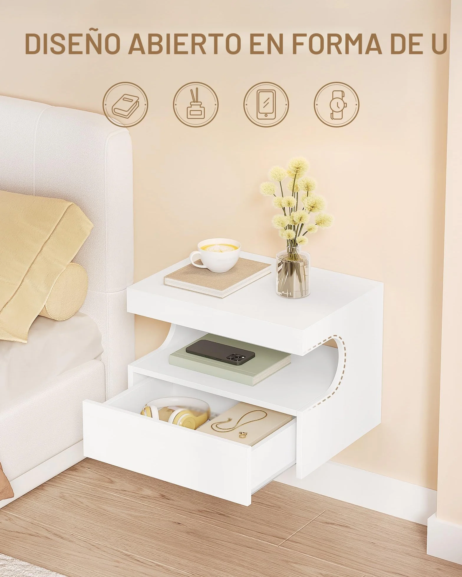 Hzuaneri Mesita de Noche Flotante Set de 2, Repisa Colgante y 1 Cajón con Guías, Diseño en Forma de U, Moderna, para Dormitorio y Salón, 30 x 40 x 29,2 cm, Blanco NS50203X