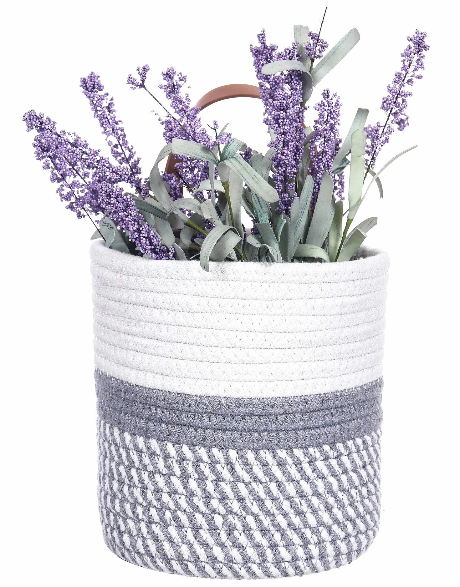 Cestas de almacenamiento para colgar en la pared – Pequeños cubos de almacenamiento de cuerda de algodón tejida – Cesta organizadora para plantas, toallas, juguetes – 16 x 17,78 cm (blanco y gris)
