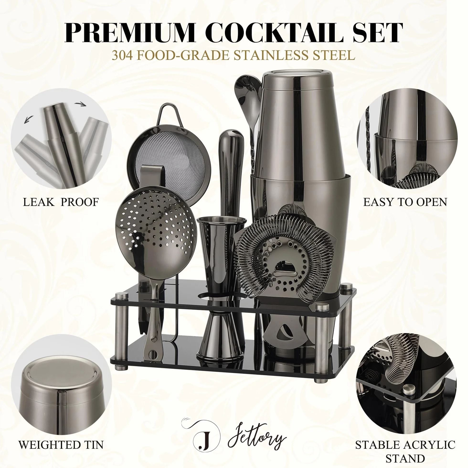 Boston - Juego de 10 cocteleras de acero inoxidable con base acrílica, colador, pinzas para hielo, cuchara de bar, vaso medidor, mortero – Perfecto para el bar en casa (negro)