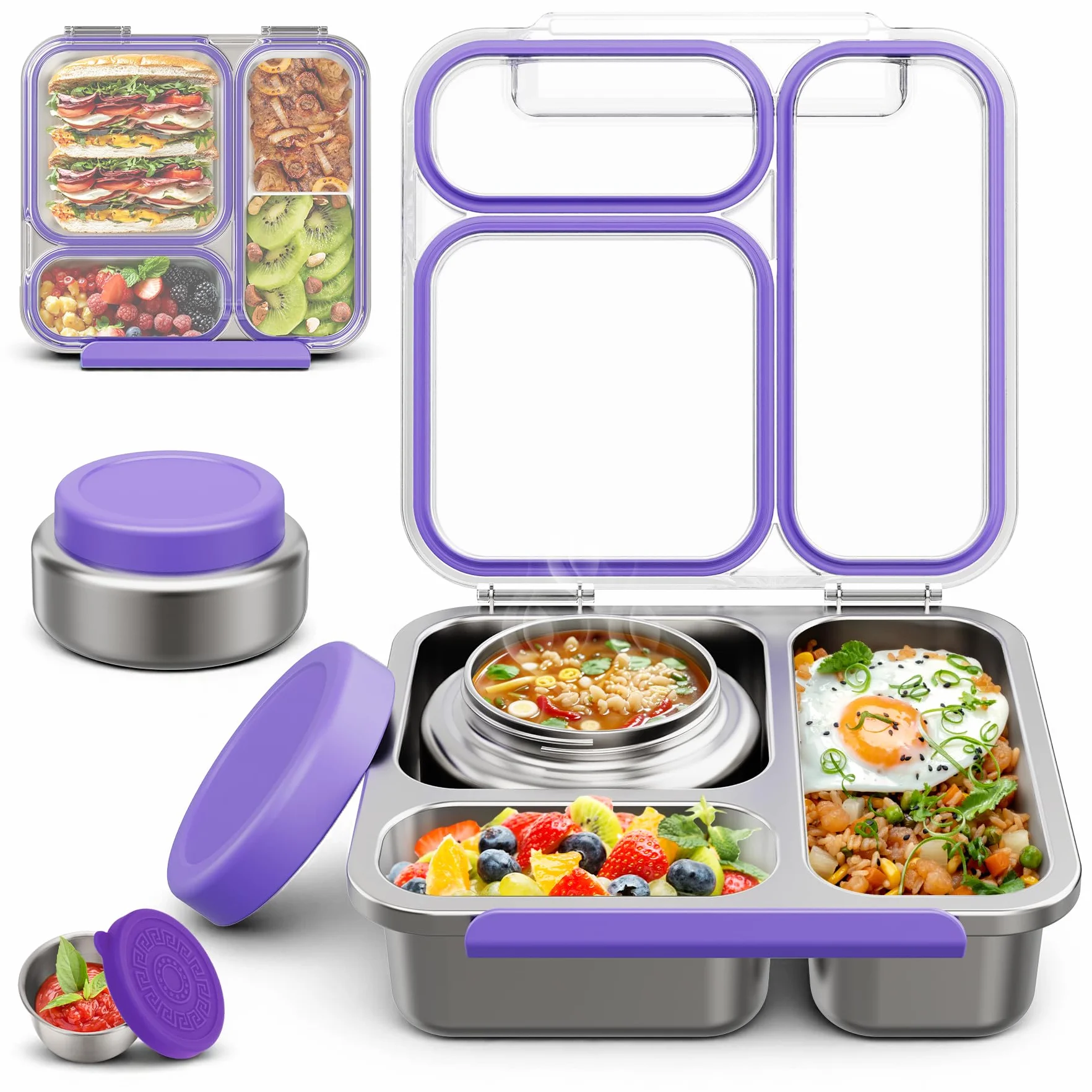 Fiambrera de Acero Inoxidable Adulto Niño con 200ml Termo para Comida, Bento Box para Niños con 3 Compartimentos y Recipiente para Salsas, Lunch Box para Oficina, Colegio y Picnic, sin BPA, Morado