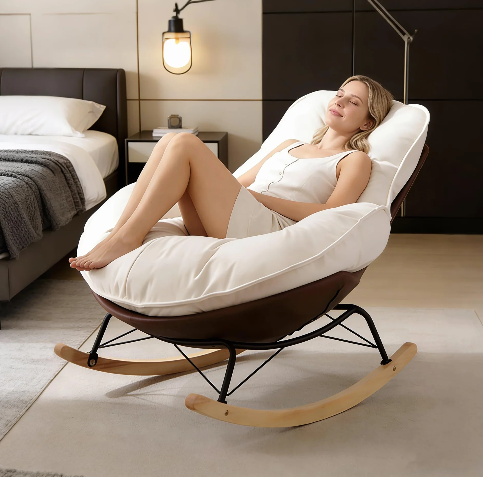 Mecedora, sillón balancín ergonómico, cojín extra grueso y respaldo, sillón moderno para salón y dormitorio, base de madera estable y marco de metal, resistente a las caídas