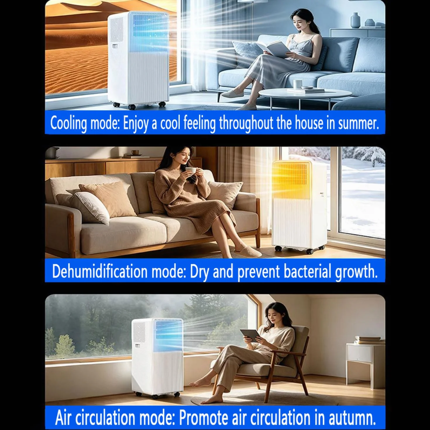 Aire acondicionado portátil, unidad de aire acondicionado 3 en 1 con modos de enfriamiento, deshumidificador y ventilador, cubre habitaciones de hasta 300 pies cuadrados, silencioso, control remoto