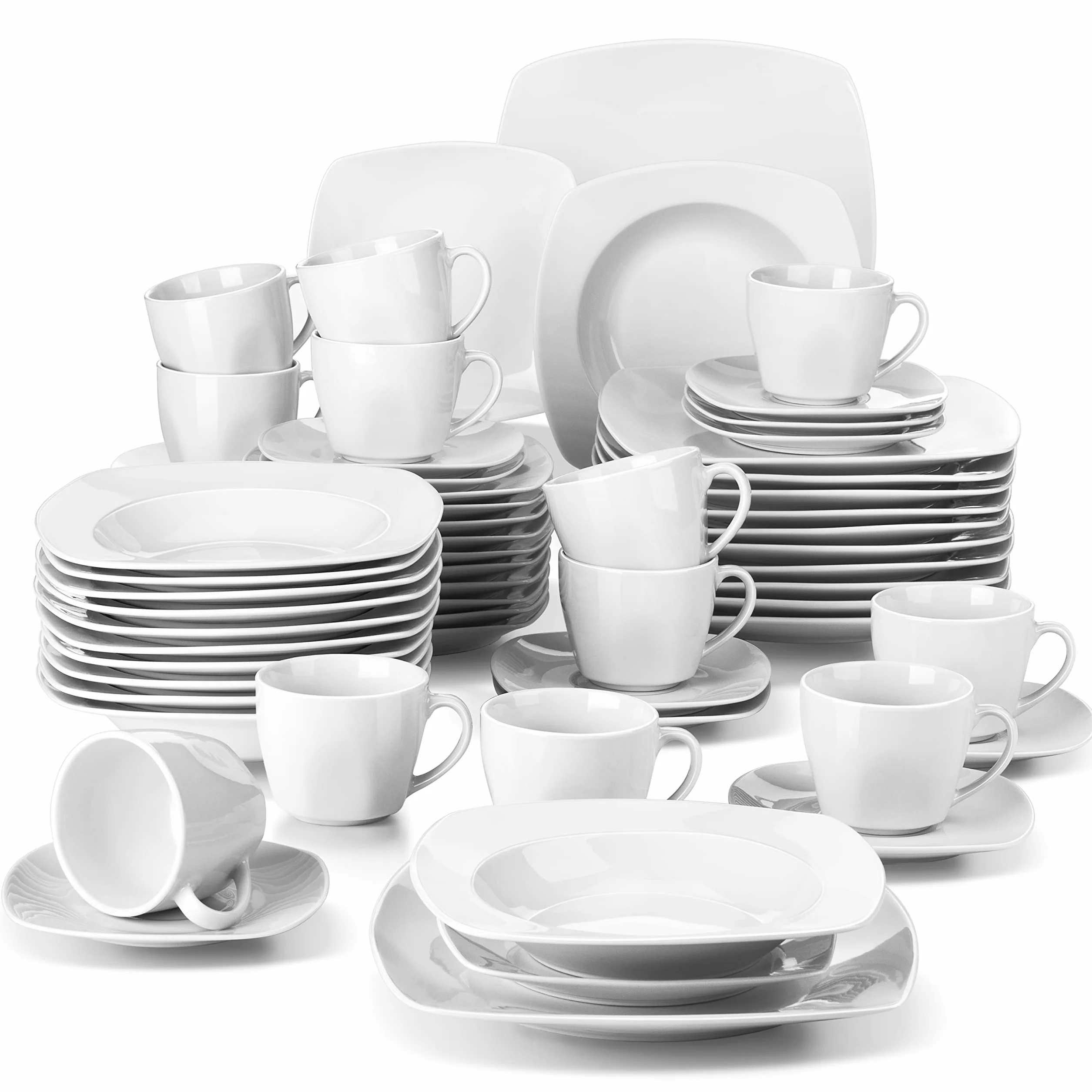MALACASA JULIA Vajillas Completas 12 Personas, 60 Piezas Juego de Platos de Porcelana con 12 Platos Llanos, 12 Platos de Postre, 12 Platos Hondos, 12 Tazas de Café y 12 Platillo, Vajilla Blanca