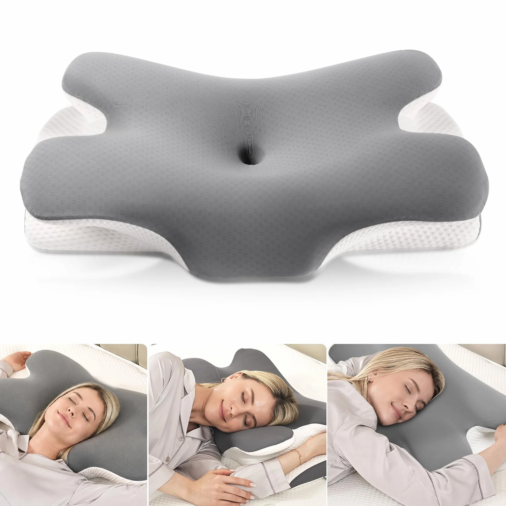 MULISOFT Almohada Cervicales y Cuello, Almohada Cervical de Espuma Viscoelástica, 2 en 1 Almohada Ergonómica Mariposa para Dormir de Lado, Boca Arriba y Boca Abajo, 67x36x10/12 cm, P-105 Gris