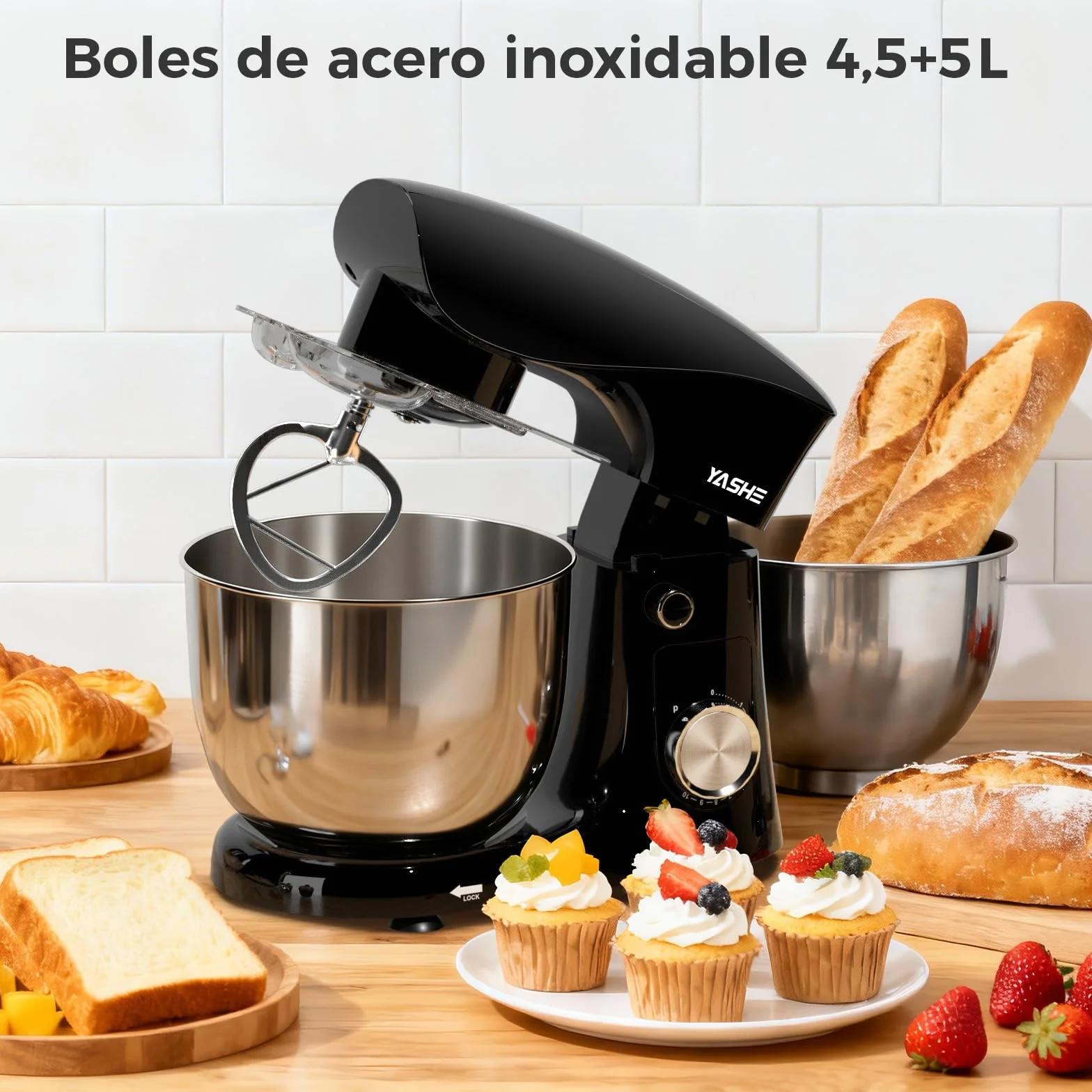 YASHE Batidora Amasadora 1500W, 4,5 + 5L Doble Bol de Acero Inoxidable, 10+P Velocidades, Movimiento Planetario, Cabezal Inclinable, Gancho para Masa, Batidor y Varillas