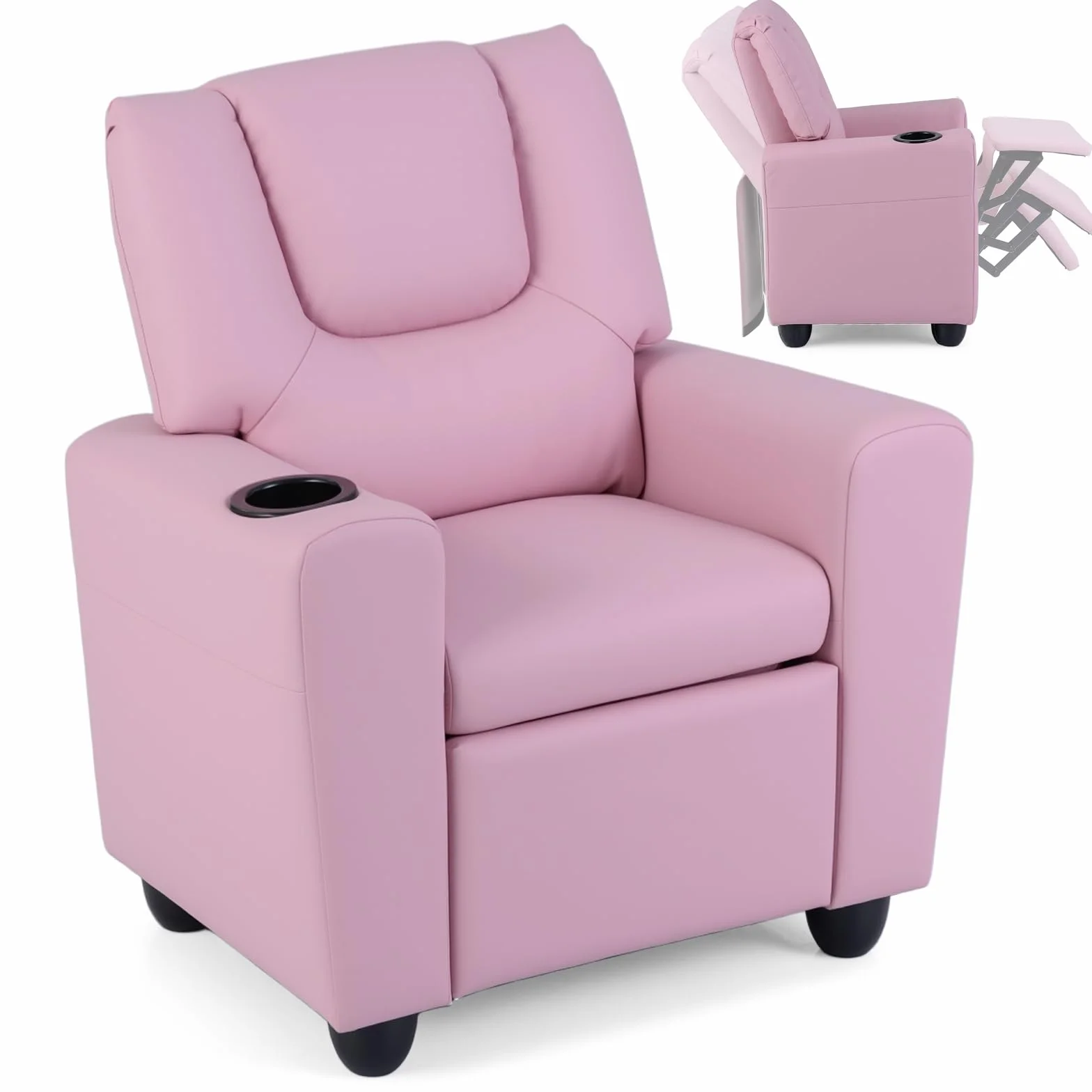 COSTWAY Sillón Reclinable para Niños, Sillón Reclinable con Portavasos y Reposapiés Ajustable para Sala de Estar y Área de Juegos, Silla para Niños de 3+ Años (Rosa)