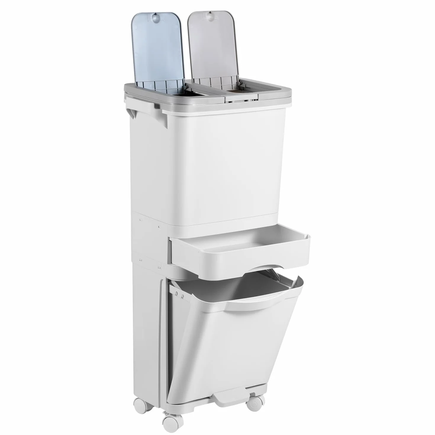 Fiqops Cubo de basura para cocina 42L con 3 compartimentos, separador de seco y húmedo, cubo de basura con pedal y ruedas para cocina, oficina y hogar, color blanco