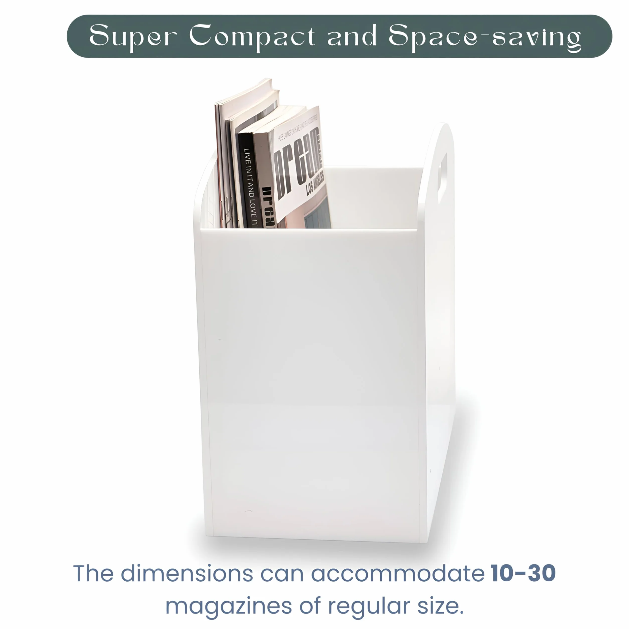 Revistero blanco – Revistero acrílico para piso, soporte de periódicos con asas, moderno Lucite para revistas y cesta de libros para baño, dormitorio, sala de estar
