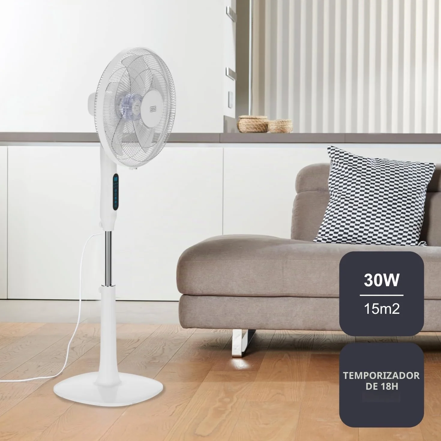 Black+Decker - Ventilador de Pie 30W | 24 Velocidades | Modos Normal, Natural y Noche | Timer 15h | Oscilación Automática | Altura Ajustable 118-138 cm | Pantalla LED | Silencioso | Mando a Distancia