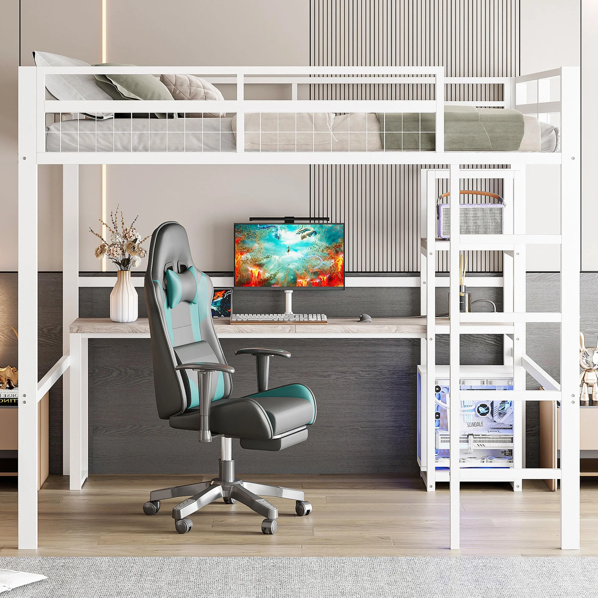 Kebnor Cama alta de 140 x 200 cm, marco de hierro, varios estantes, escritorio con enchufe, barandilla, escalera blanca (sin colchón)