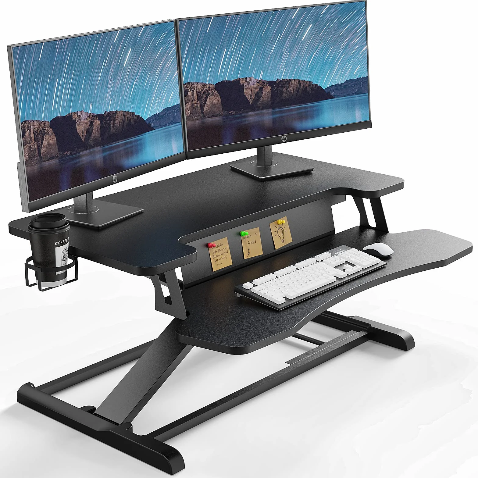 PUTORSEN 32" Convertidor de Escritorio de pie, Estación de Trabajo de 2 Niveles Ajustable en Altura con Bandeja de Teclado, Elevador Ergonómico con Portavasos y Tablero de Notas hasta 15kg, Negro