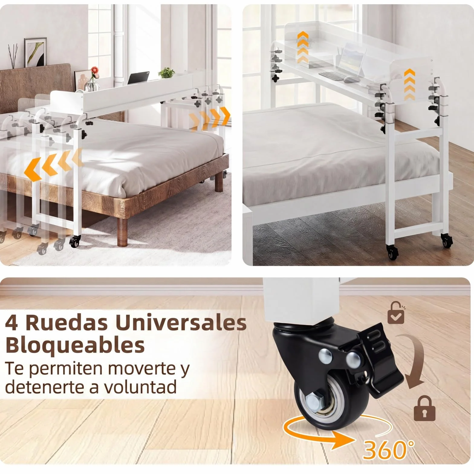 COSTWAY Mesa de Sobrecama con Ruedas, Altura y Longitud Ajustables, Escritorio Queen, Marco Metálico, Mesa para Cama, Dormitorio,135,5-206 x 40 x 73,5-102,5 cm (Blanco)