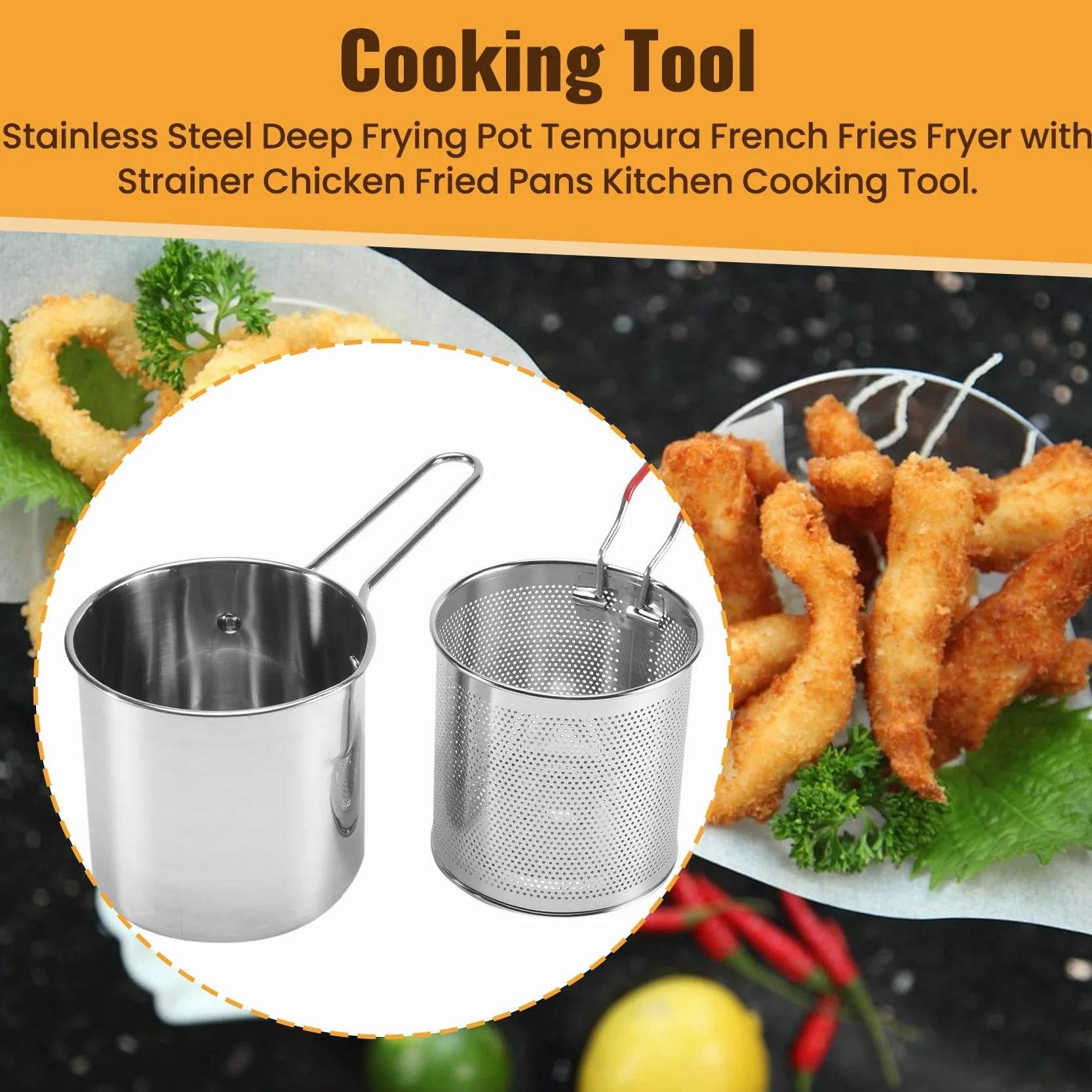 Freidora de Acero Inoxidable Tempura con Colador para Papas Fritas y Pollo