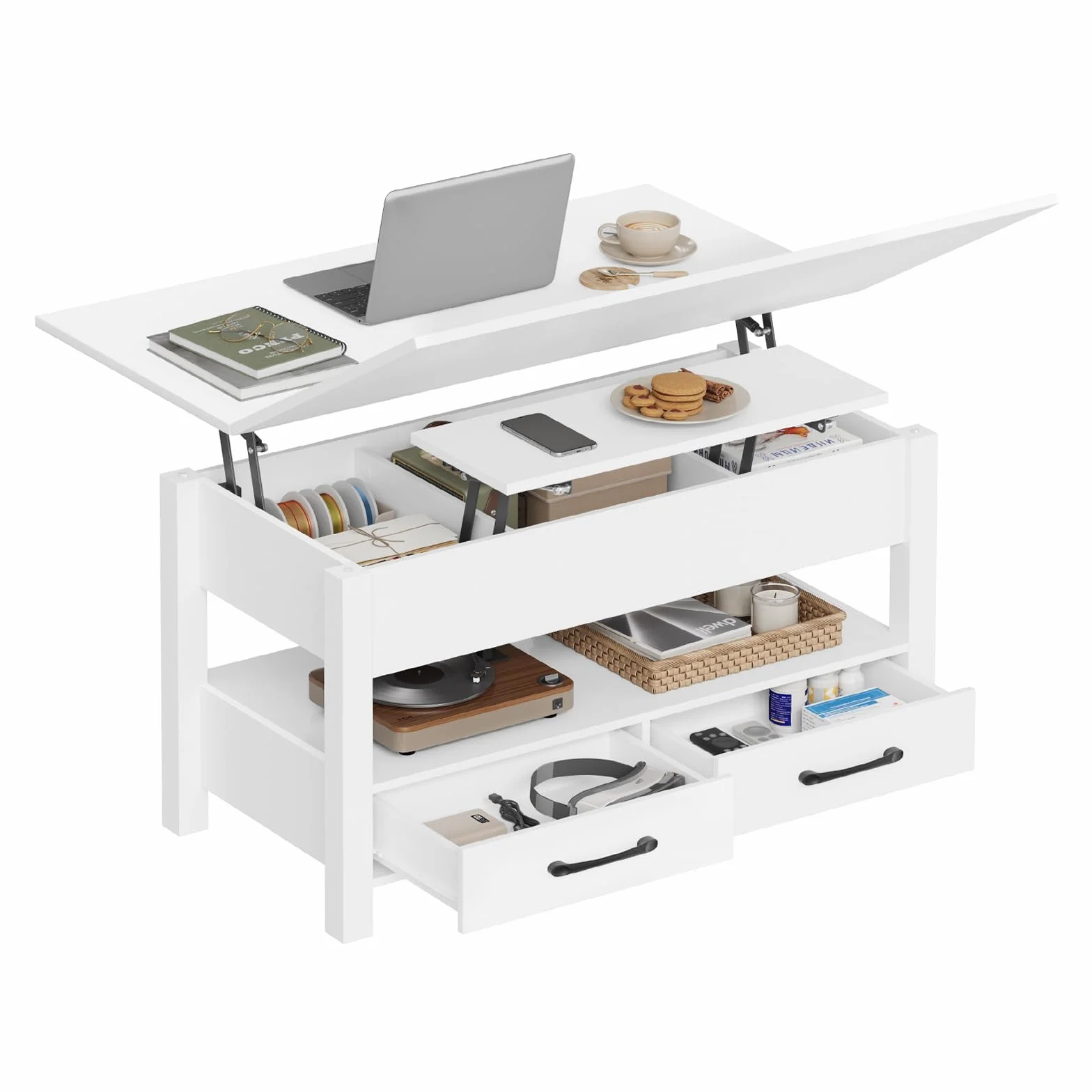 WOLTU Mesa de Centro Elevable, Mesita Salon con Espacio Oculto, Zona Abierta y 2 Cajones, Mesa Salón Elevador y Extensible, Multifuncional para Sala y Estudio, 100x50,5/100x53/66 cm, Blanco