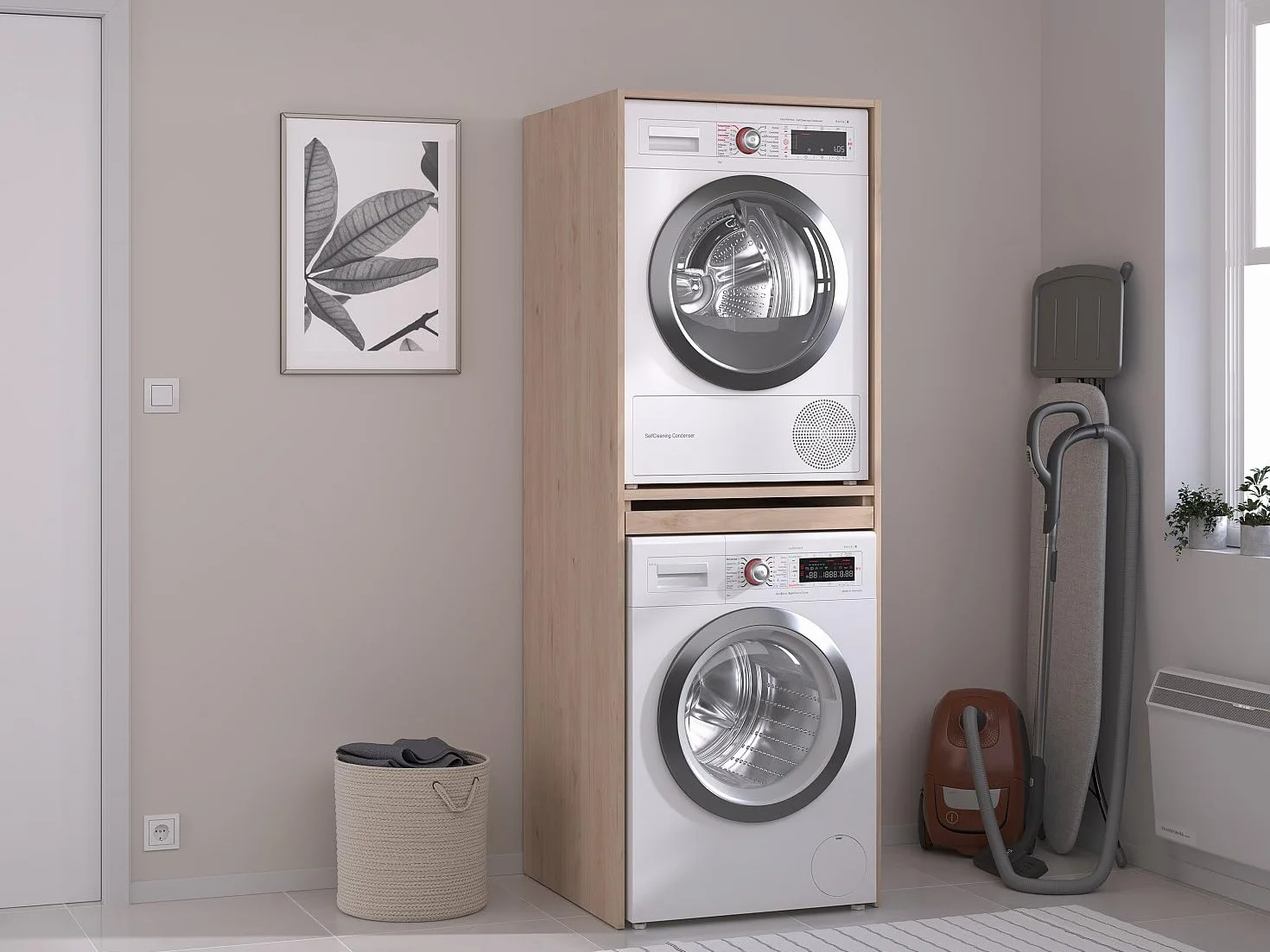 Vente-unique - Mueble para Lavadora Erkano - L 64.2cm x A 64.9cm x H 184.4cm - melamina - Color Natural Claro