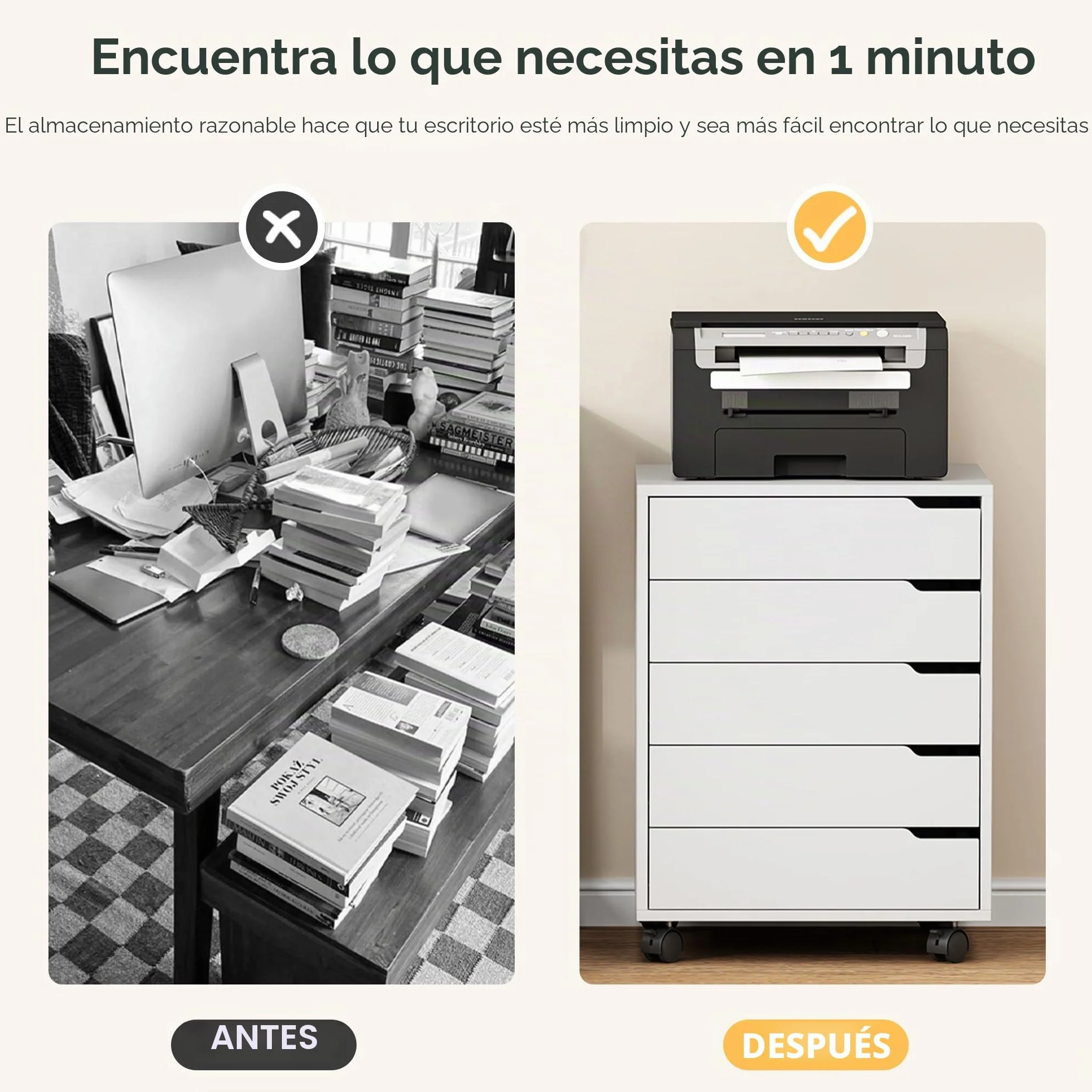 SDHYL Archivador vertical de 5 cajones con asas, carrito con ruedas, cajón con cajones, almacenamiento debajo del escritorio para oficina en casa, 5 cajones, blanco