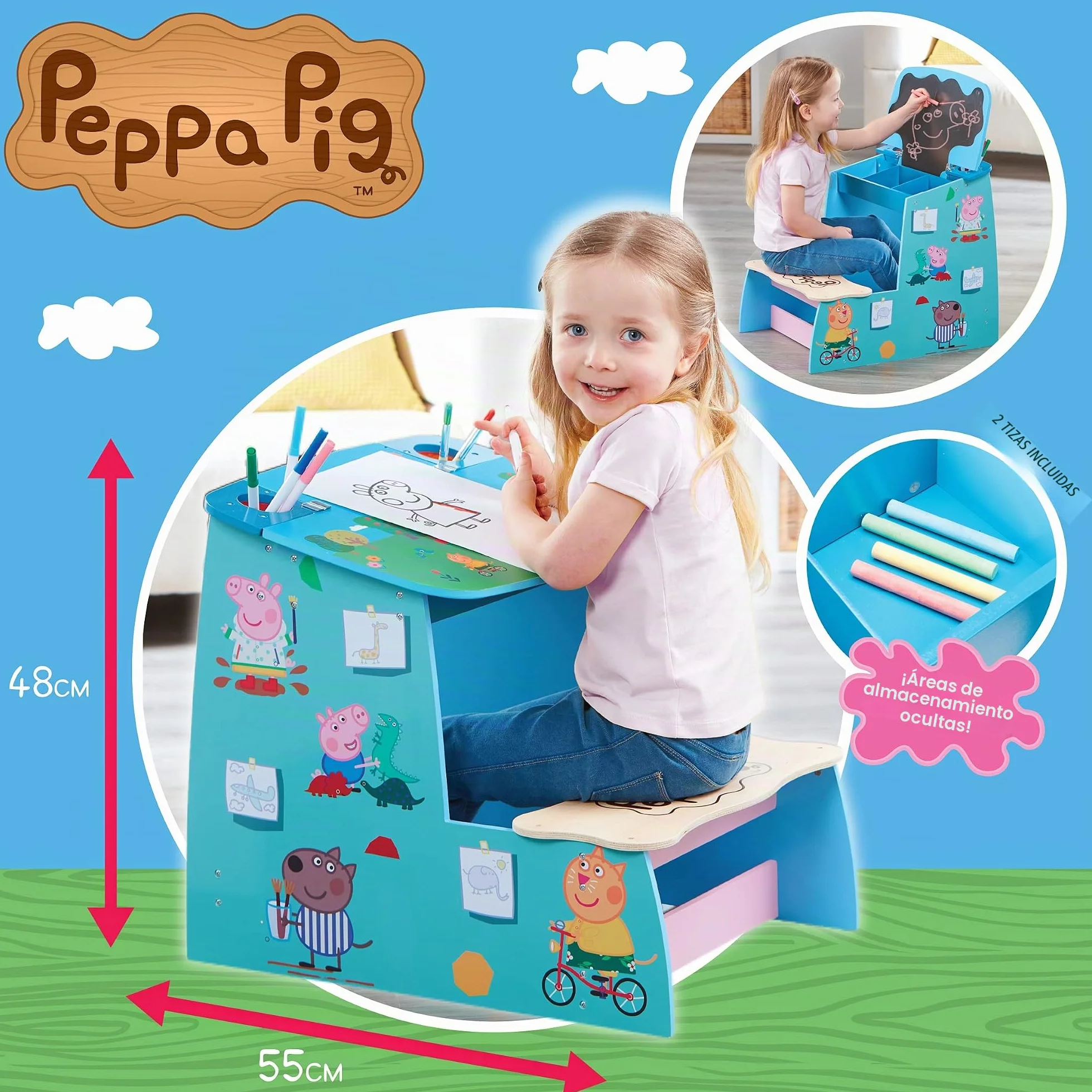 Peppa Pig Wooden Play Desk with Chalk Board and Storage Compartment FSC Certified