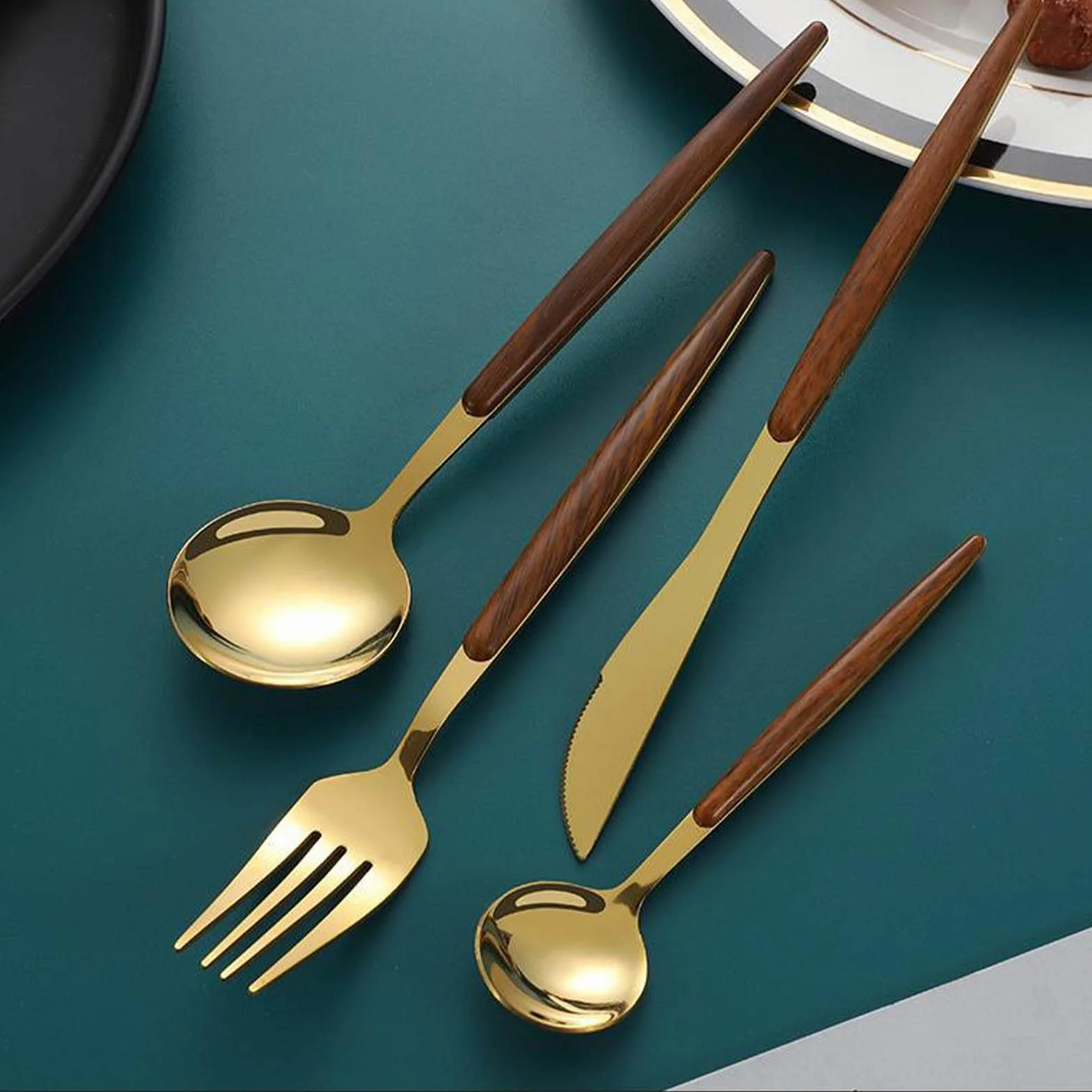 Juego De Cubiertos, Cubiertos con Mango De Madera para 12 Personas, Juego De Cubiertos con Paquete De Regalo, Diseño Pulido De Espejo, para Cocina Y Restaurante Apto para Lavavajillas,A (A)
