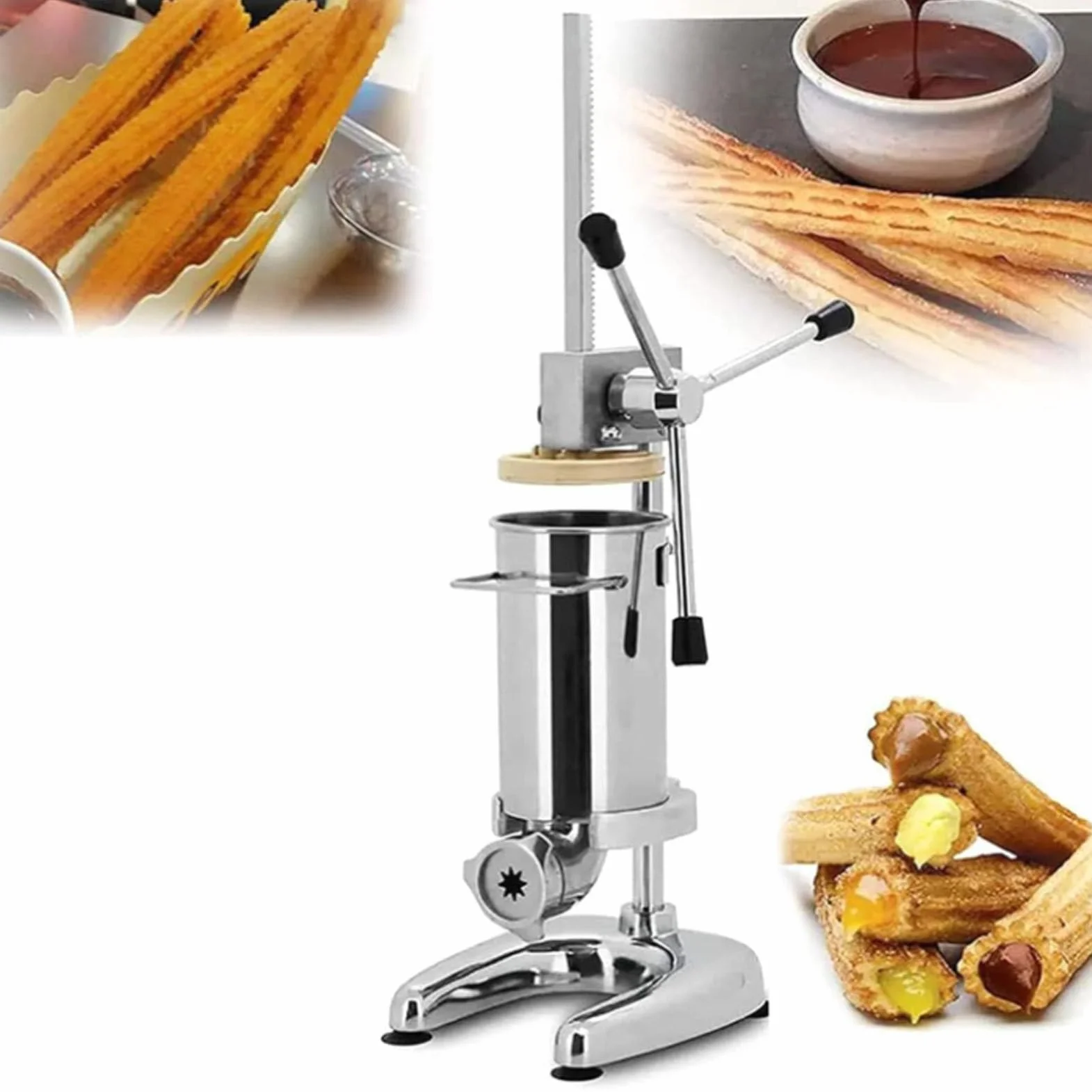 Máquina para Hacer Churros Manual, 2L/3L Comercial Español Donut Churrera Churro Maker Machine con 5 moldes, Máquina de churrera española Vertical de Acero Inoxidable, Máquina de llenado,2L