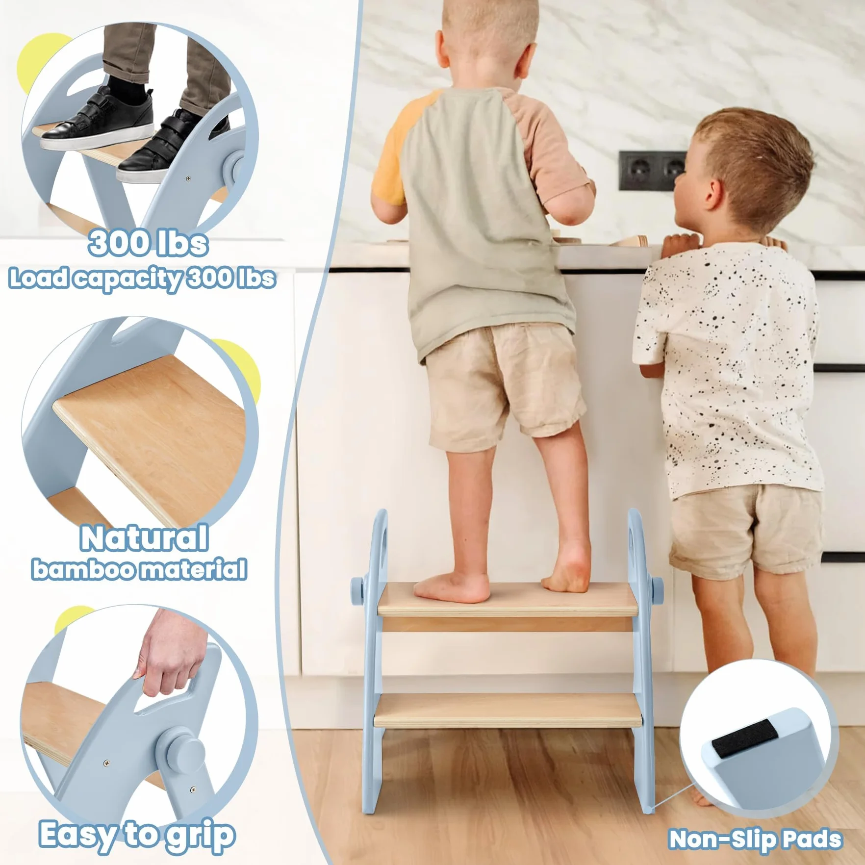 Taburete Niños Madera 2 Peldaños Plegable 130 kg Alfombrilla Antideslizante Asas Escalon Infantil Azul