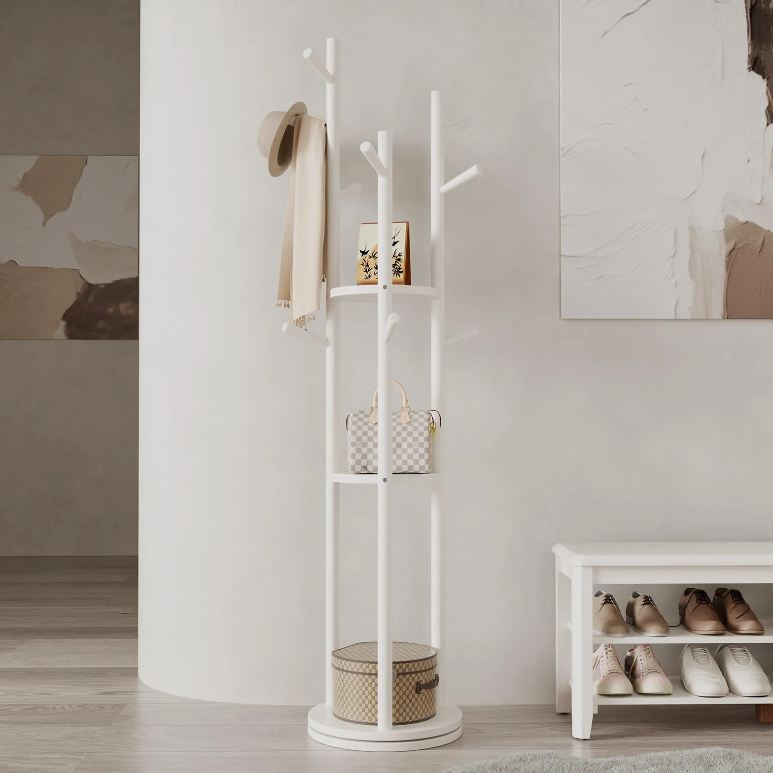 AQIMUELE Perchero, Perchero de Madera Maciza, 9 Ganchos, Colgador para Abrigos, Bolsos, Gorras, Ideal para Entrada, Pasillo, Altura de 163 cm, Blanco
