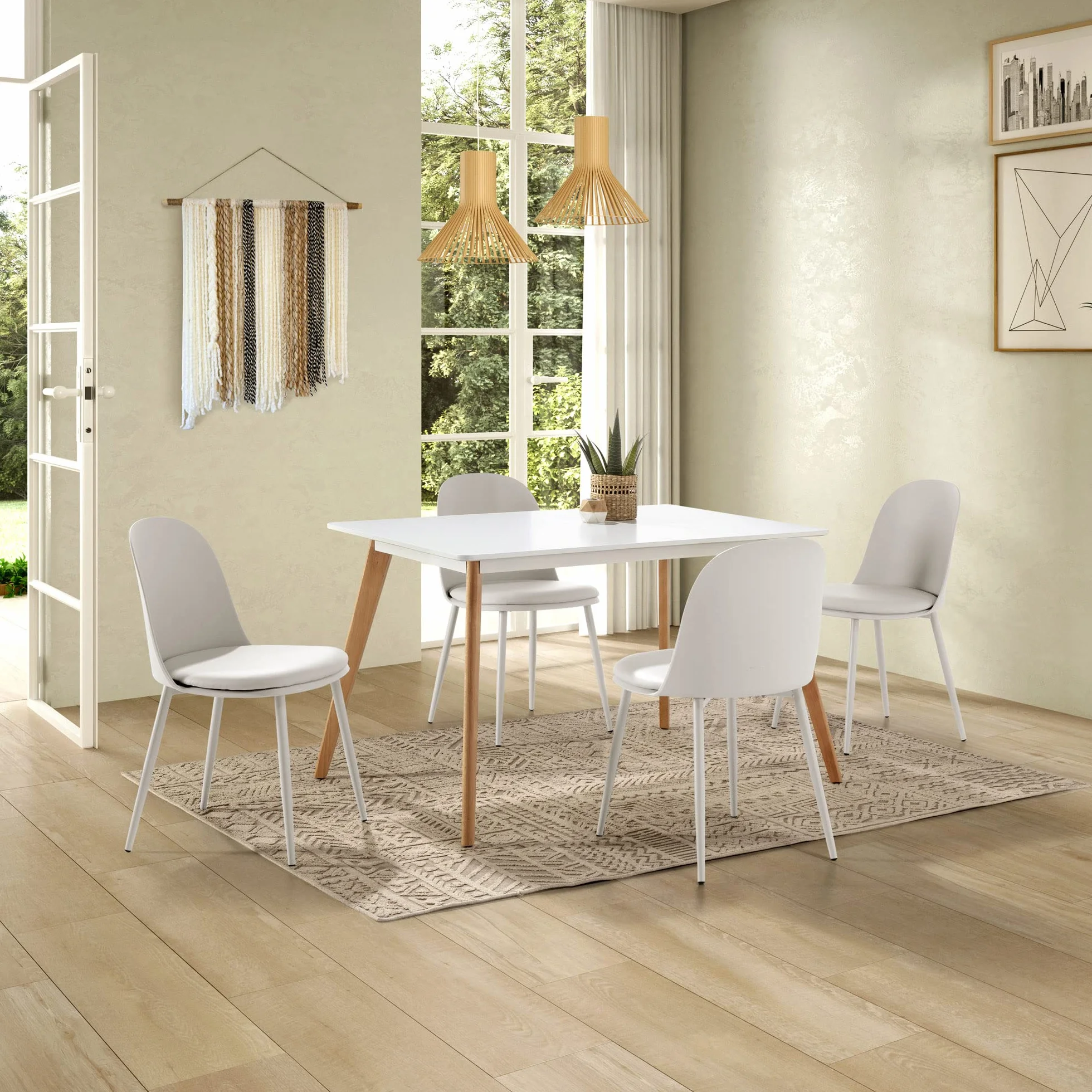 HOMN LIVING Set de 4 sillas Kana Blanco, Patas metálicas y Asiento tapizado, 45 cm (Ancho) 51,5 cm (Profundo) 83 cm (Altura)