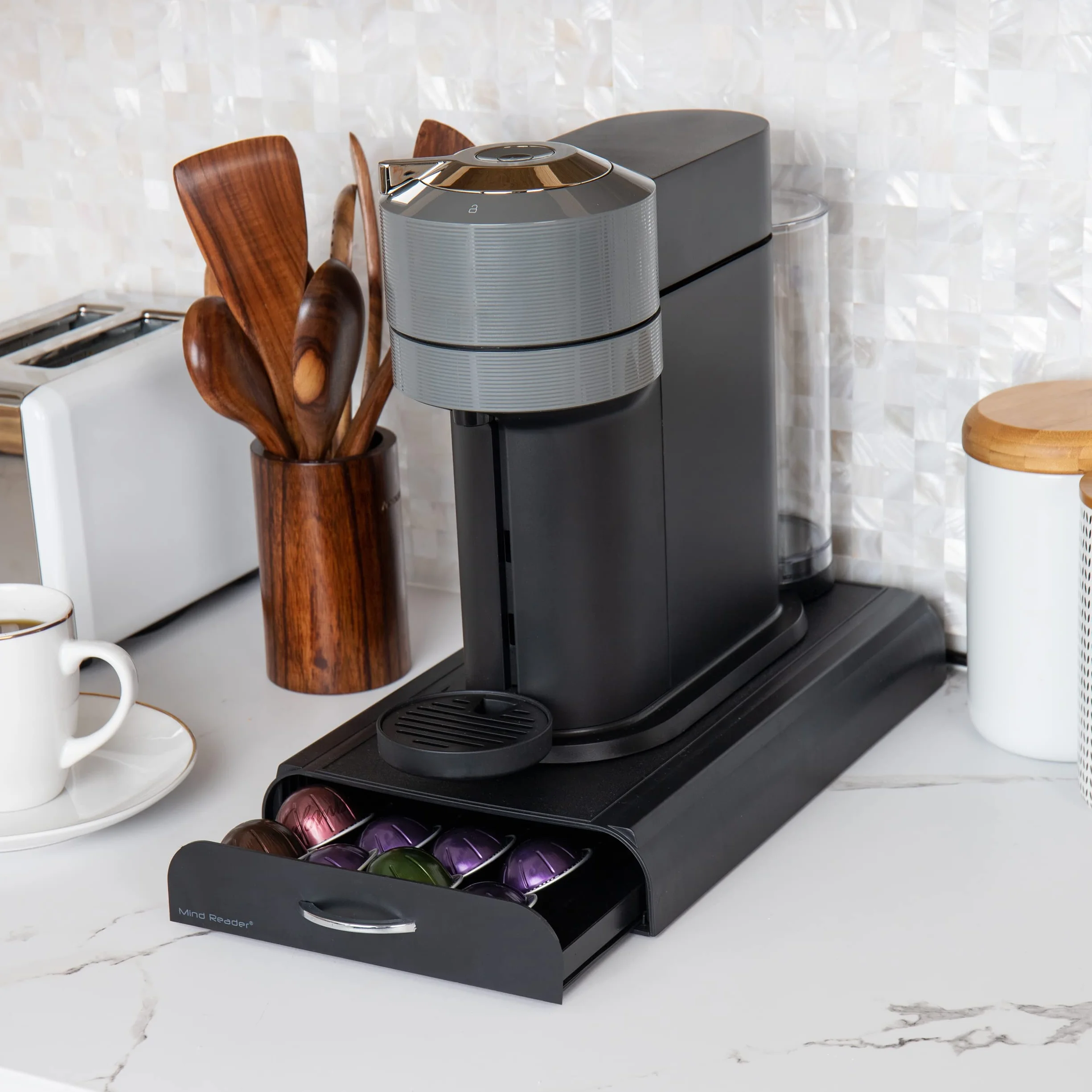Mind Reader Nespresso Organizador de encimera de cajón de cápsulas, soporte para cápsulas de café, 9.21 x 15.94 x 2.36 pulgadas, negro