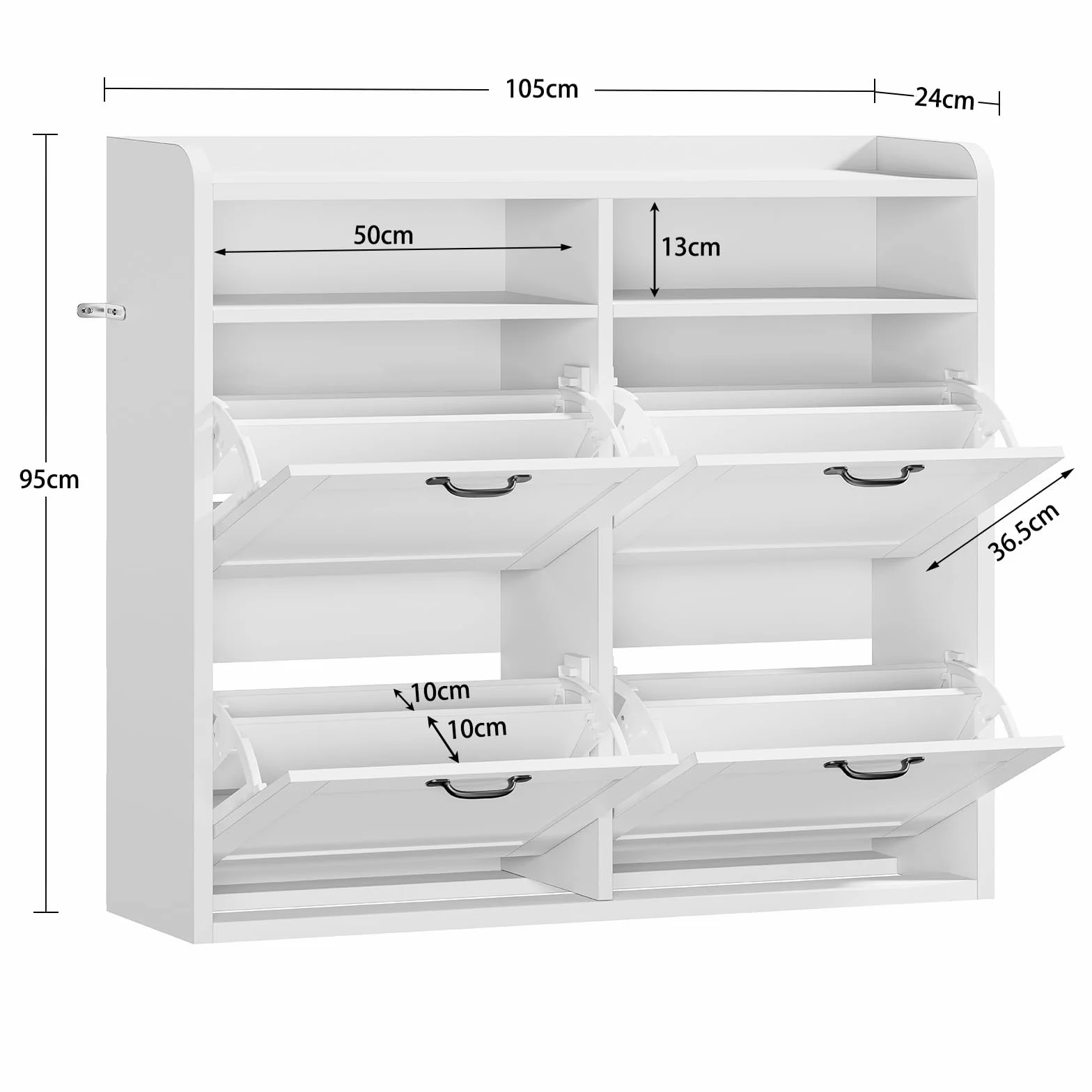TEENFON Mueble Zapatero Recibidor Estrecho–105cm de Ancho, Armario Zapatero con 4 Solapas y 2Compartimentos Abiertos, Estantes Ajustables, para16–24Pares de Zapatos, Apto para Pasillo,Recibidor,Blanco