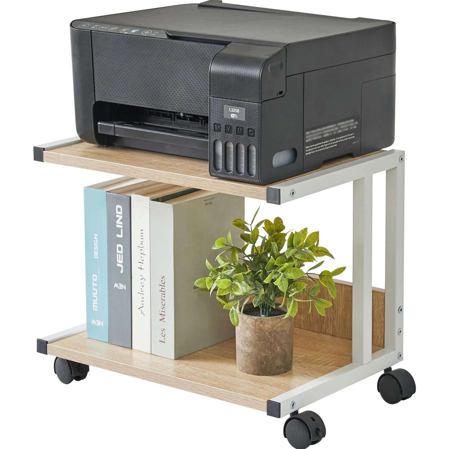 IBUYKE Soporte para impresora debajo del escritorio, carrito de impresora de 2 niveles, estante organizador de escritorio para el hogar móvil con 4 ruedas, para fax, uso en la oficina en casa TLJ007R