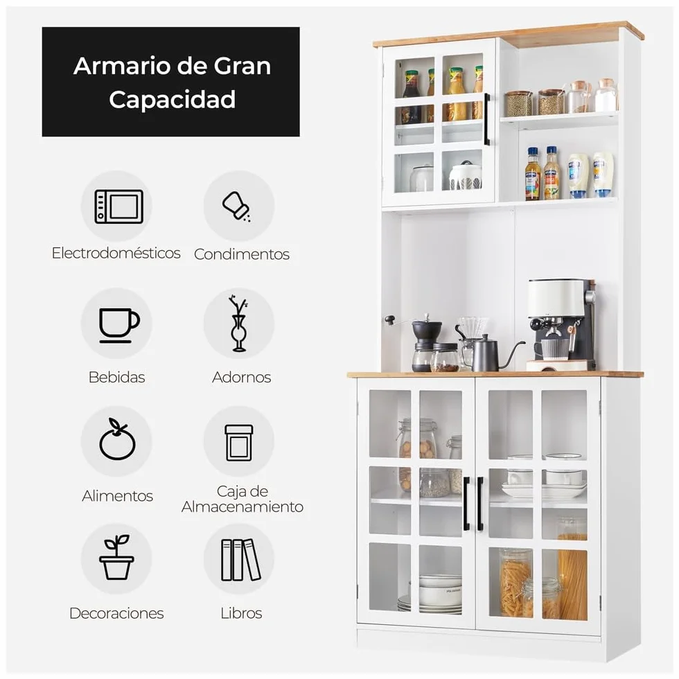 Yaheetech Alacena de Cocina Mueble Buffet Armario con Puertas de Vidrio, Estantes Ajustables 80 x 37 x 183 cm