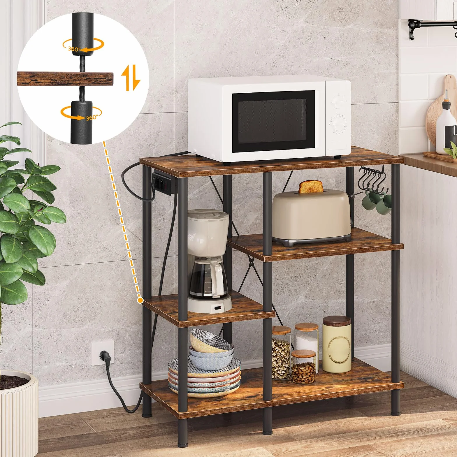 HOOBRO Estantería de Cocina con Toma de Corriente, Estantería para Microondas, Estantería de Panadería con 5 Ganchos, Multi-función Utensilios de Cocina Estantes de Almacenamiento, Marrón EBF07CHB01