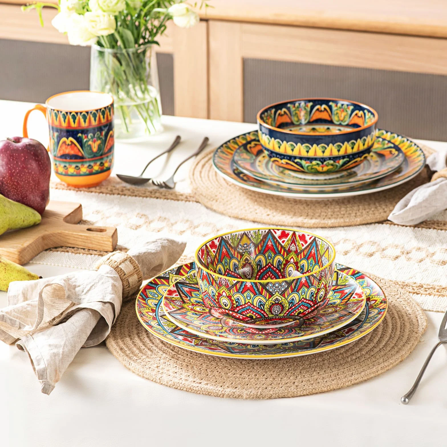 Henten Home Cuencos de Porcelana, 830ml Platos para Ensalada, Juego de Ensaladera Grande, Tazón de Frutas, Apto para Lavavajillas e Microondas, Estilo bohemio