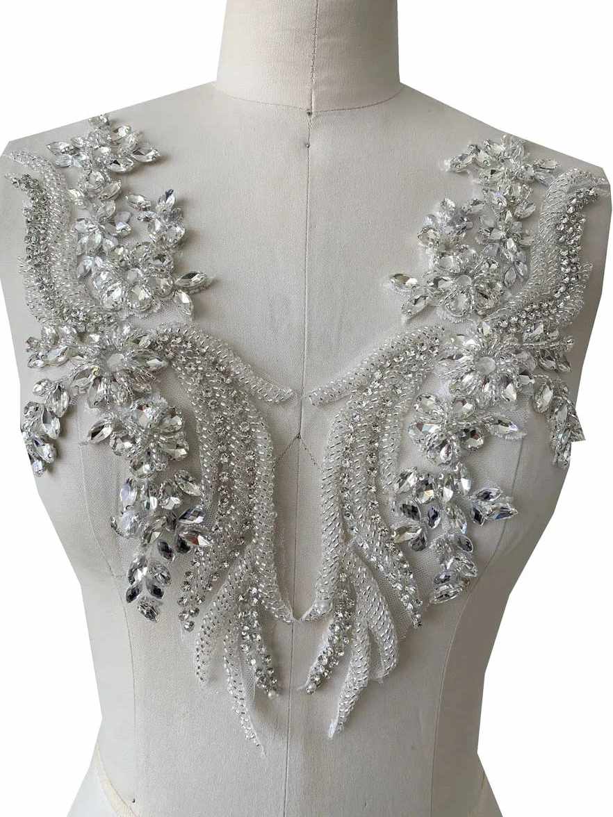 Apliques de encaje con diamantes de imitación para coser a mano, accesorios de decoración en forma de ala, parches de un par