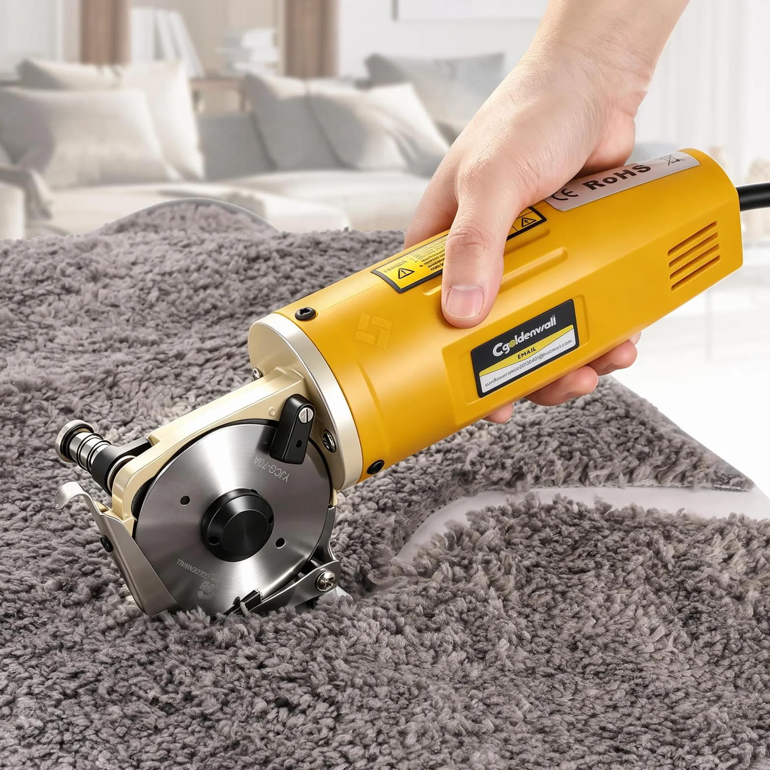 CGOLDENWALL YJ-70A Cortador de Tela Eléctrico Portátil Tijera Eléctrico Redondo Cortador de Gamuza Multiuso Ideal para Textil Cuero Papel con Cuchilla de Diámetro 125mm 220V
