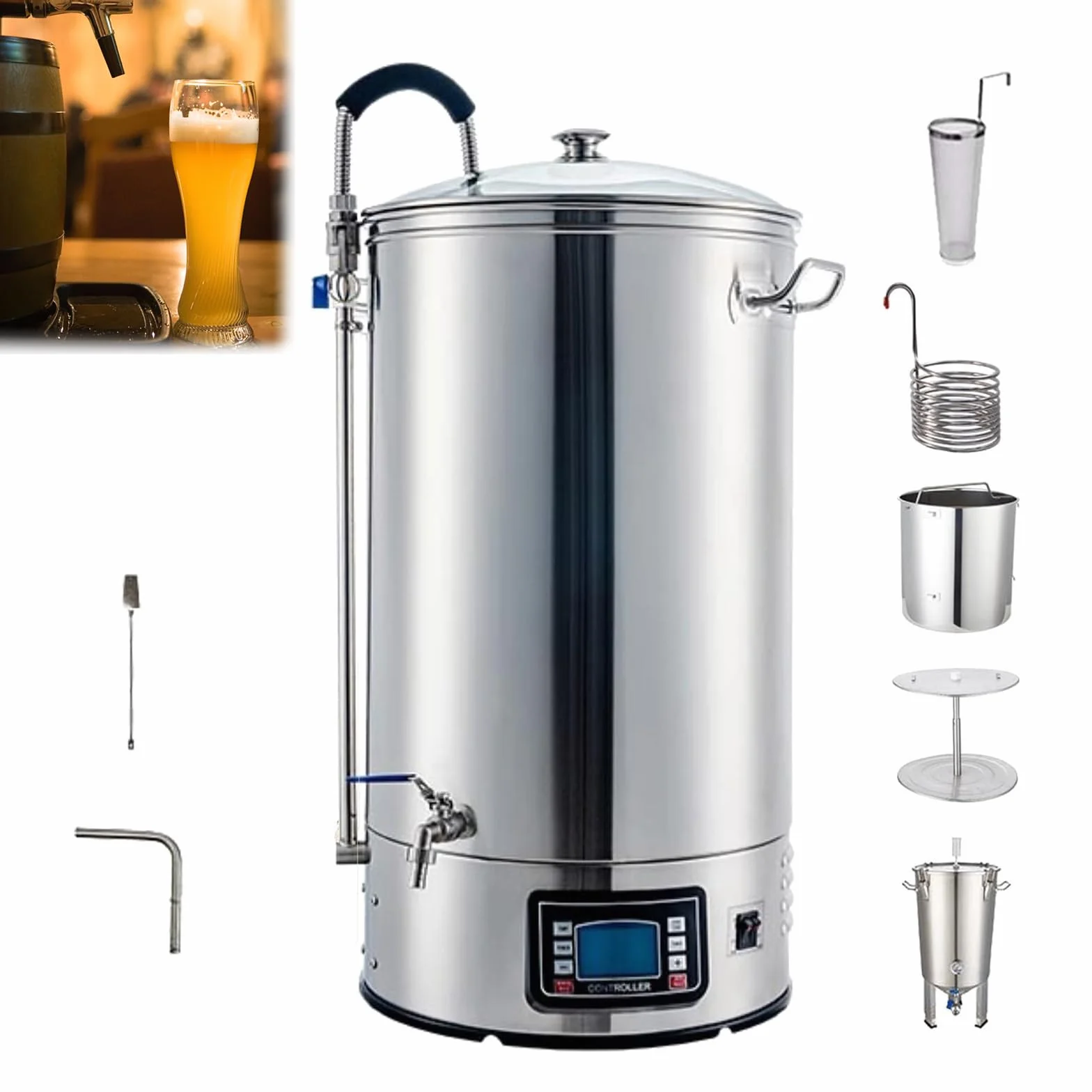 Sistema de Elaboración de Cerveza Eléctrico para Uso Doméstico y Comercial, Equipo de Maceración y Hervido de Cerveza con Pantalla Digital, Kit de Homebrew para Cerveza Artesanal (40L)
