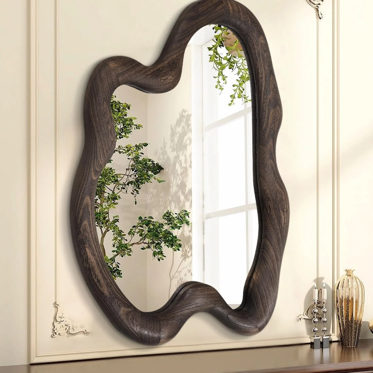 AAZZKANG Espejo de pared irregular grande con marco de madera, 60 x 40 cm, espejos colgantes asimétricos vintage para baño, dormitorio, sala de estar, entrada, color marrón