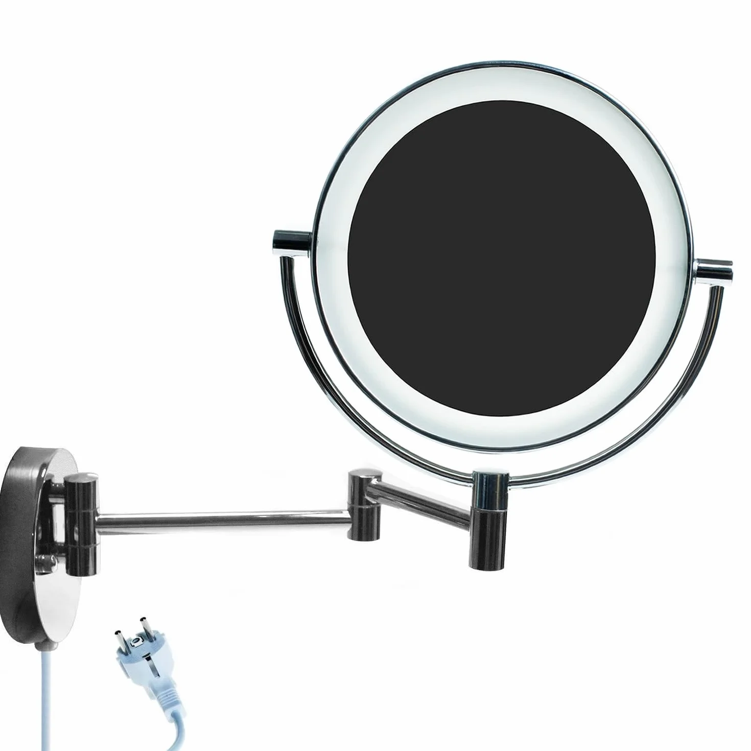 LED Cosmética Espejo 8,5 Pulgadas 10X Aumentos, Maquillar Espejo de Pared con Luz y Brazo Articulado, Plegable Espejos Afeitar Iluminado para Baño de Cara Doble, Metal Real Cromado KXD3129-10x