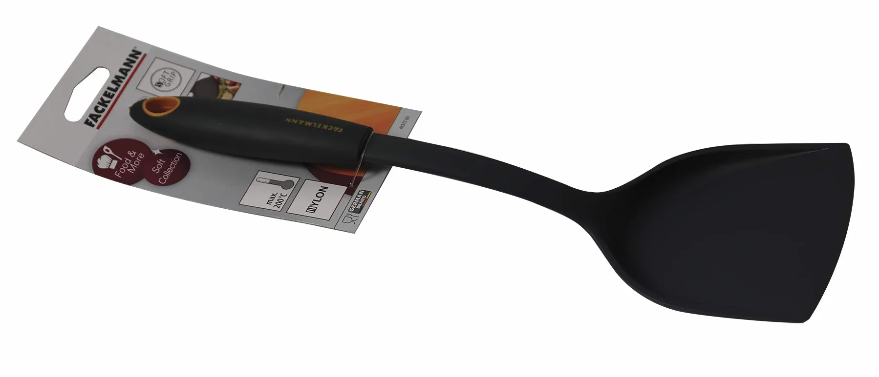 Fackelmann 40373 - Pala de chef multiusos de nailon, 32 x 10 cm, colección suave, ideal para tortitas, hamburguesas, pescado, pan cake (color negro y naranja), 1 unidad
