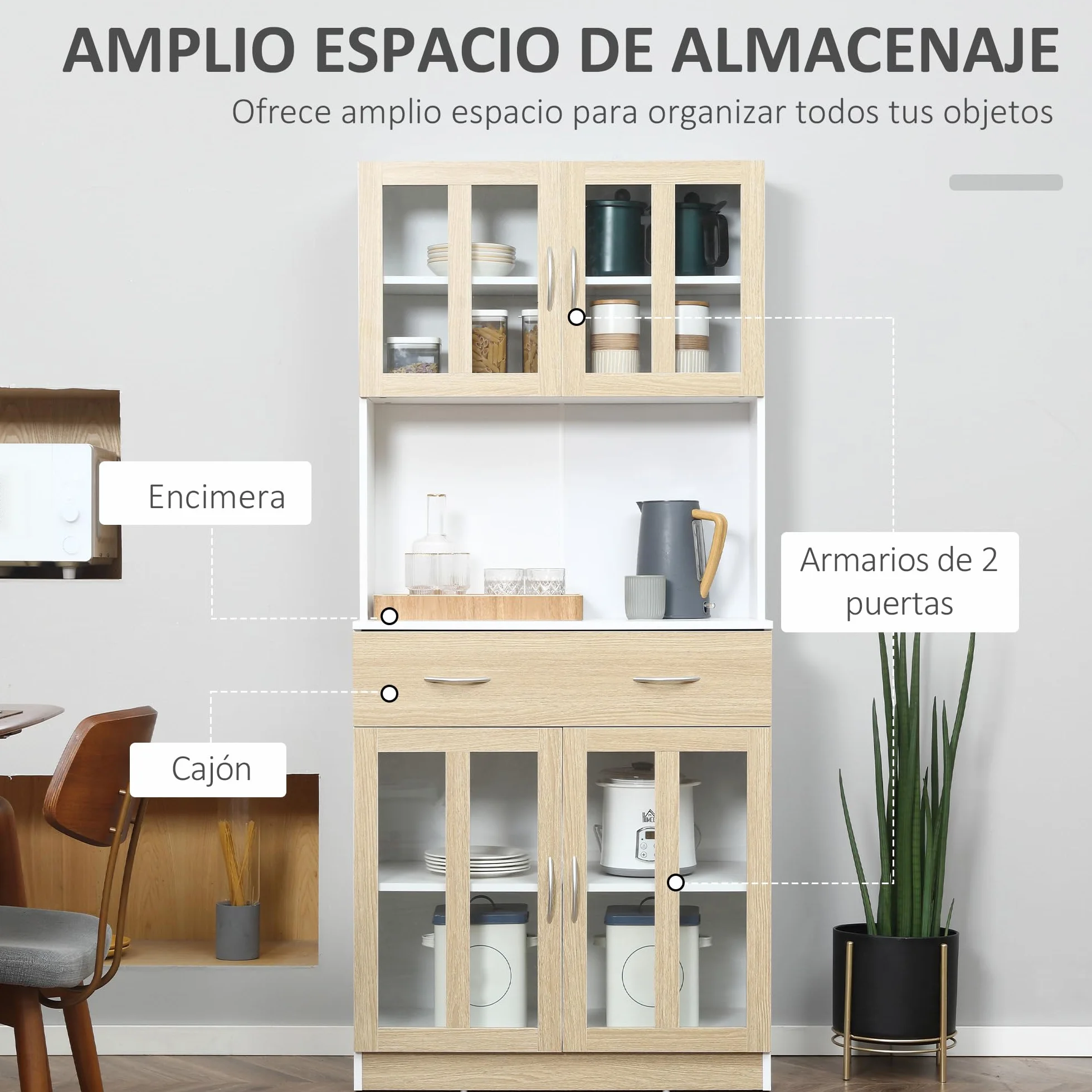 HOMCOM Alacena de Cocina Alta, Mueble Auxiliar de Cocina, con 4 Puertas de Vidrio, Encimera Abierta para Microondas, Cajón, Estantes Ajustables, 80x40x180 cm, Blanco y Natural