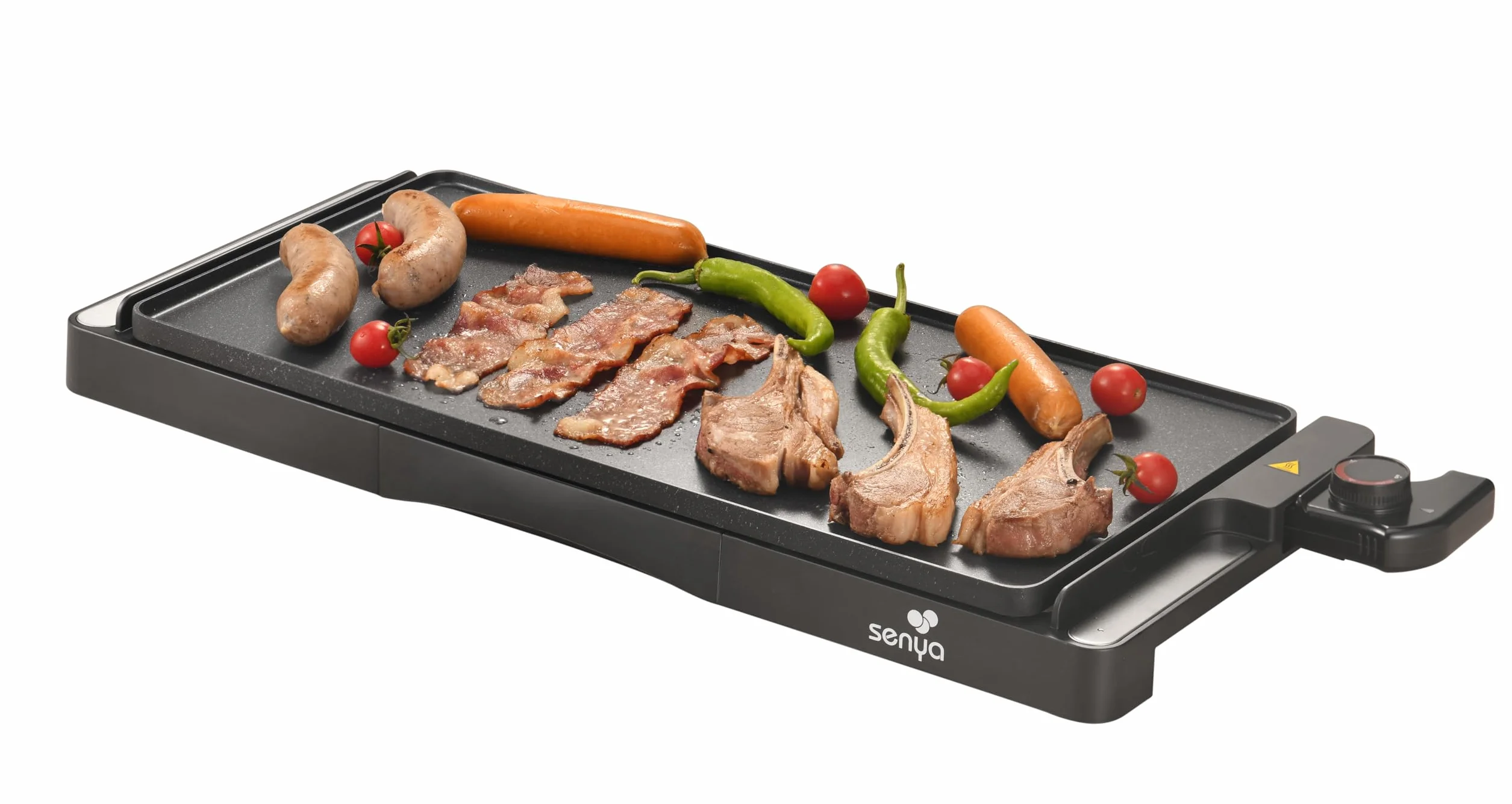 SENYA Plancha Eléctrica XL 2200 W | Gran superficie de cocción 51 x 25 cm Antiadherente, revestimiento efecto piedra | Plancha Grill Termostato Ajustable | Limpieza compatible con Lavavajillas, Negro