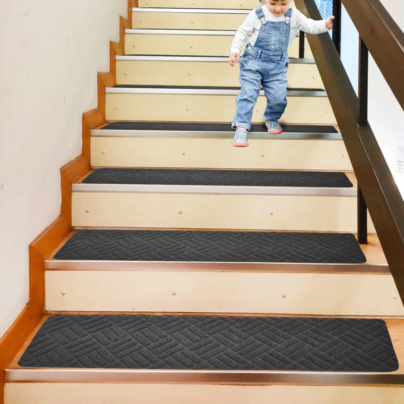Weigudoc 15 Piezas Alfombrillas Antideslizantes de Escalera para Peldaños, Autoadhesiva Alfombra para Escaleras 76x20 cm, Peldaños de Escalera para Niños Ancianos y Mascotas, Gris (Estilo 2)