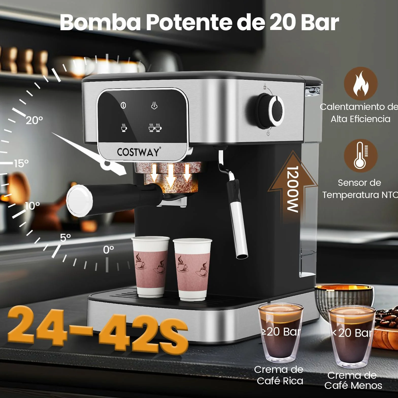 COSTWAY Cafetera Espresso 1200w, Presión de 20 Bares, Maquina de Cafe con Depósito de Agua Extraíble de 1,8 L, Espumador de Leche a Vapor, Coffee Machine para Baristas Cappuccino Macchiato