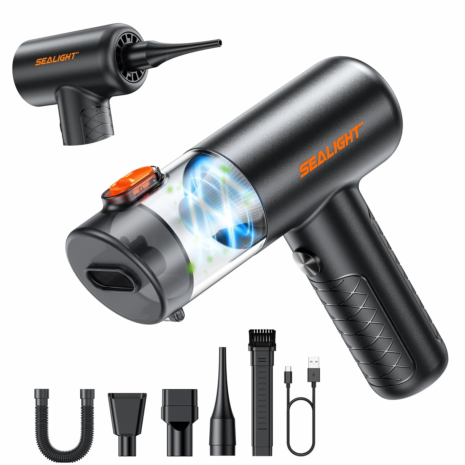 SEALIGHT Aspirador de Mano, 32000PA 4 en 1 Aspiradora de Coche con Motor Sin Escobillas, aciado Automático de un Toque, Aspirador Coche con Motor Sin Escobillas (Negro Puro)