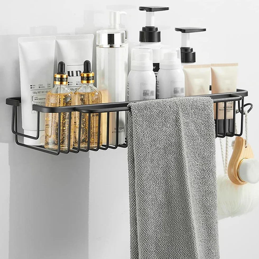 Estantes de baño exquisitos Estante de soporte de baño de aluminio con espacio para carrito de ducha, Organizador de cocina negro, Cesta de champú Estante de almacenamiento de ducha Estante de almacen