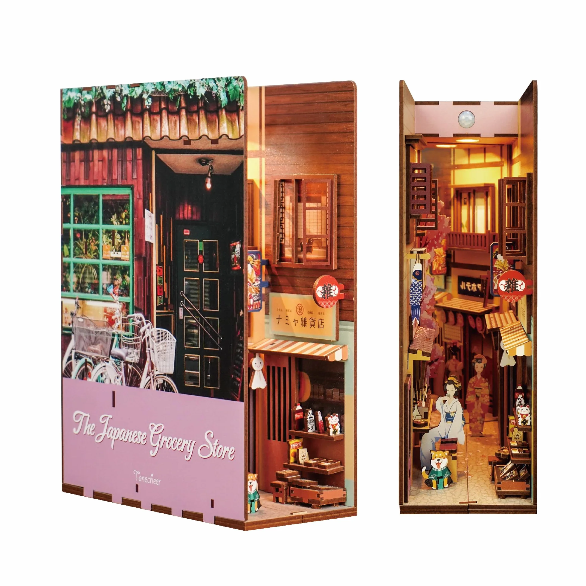 Tonecheer Book Nook Japón Kit Puzzle 3D de Madera para Adultos, DIY Nookbook Bookend con Luces LED, Decoración Hogar de Estantería, Regalo para Mujeres y Hombres (La Tienda de Comestibles Japonesa)