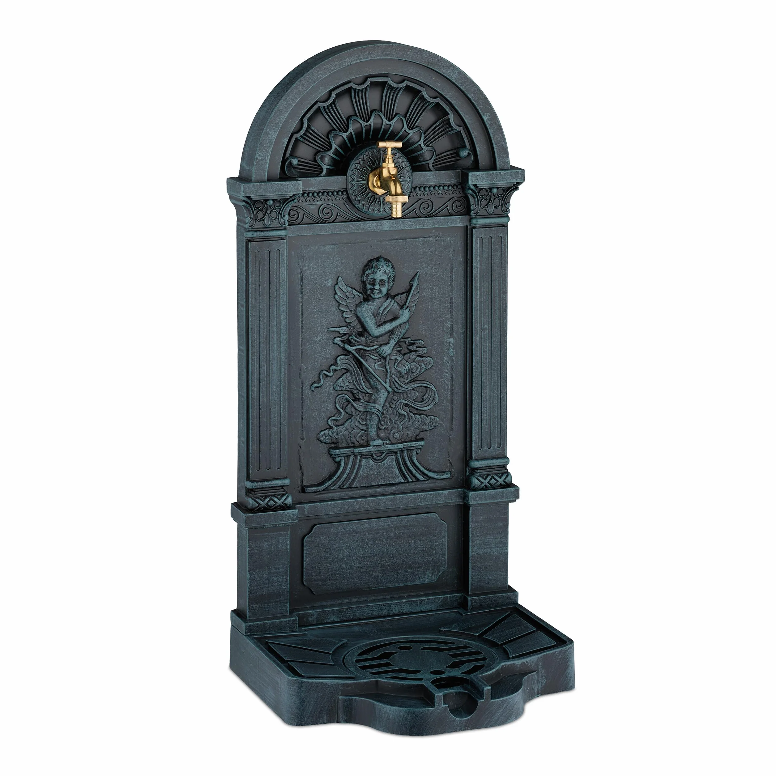 Relaxdays Fuente de Pie Antiguo con Ángel, Grifo y Lavabo 83 x 39 x 33 cm, Fuente Jardín Gris/Verde