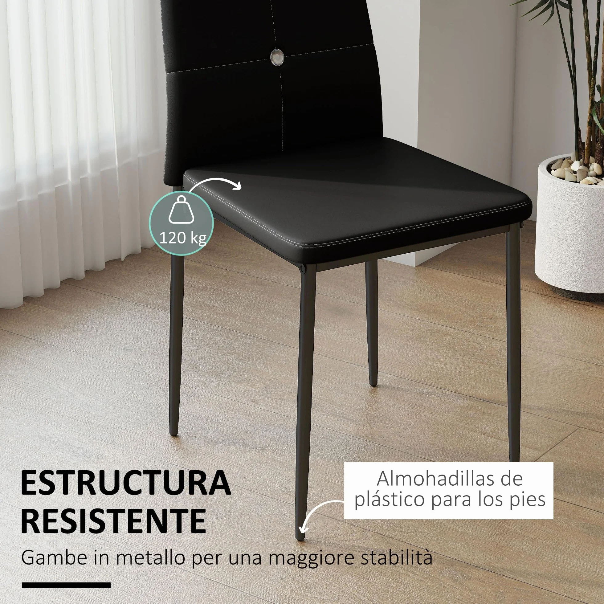 HOMCOM Juego de 6 Sillas de Comedor con Respaldo Alto para Salón Negro | Tapizada en PU, Sillas de Cocina Modernas, Botones, Patas de Acero, Dormitorio