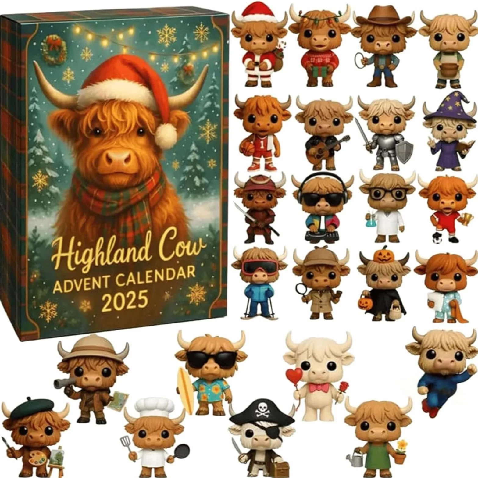 Calendario de Adviento de vaca de las Tierras Altas 2025, calendario de cuenta regresiva de Navidad de 24 días, calendario de Adviento 2025 con 24 adornos navideños de vacas de las tierras altas